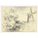 Matthieu Wiegman (1886-1971)Molen bij Schagen. Hierbij tekening gesigneerd Harrie Kuyten. houtskool,