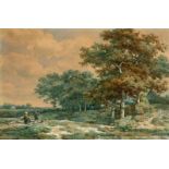 Willem Roelofs (1822-1897)Landschap met figuren op een pad bij bomen inkt en aquarel, gesign. l.