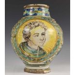 Italië, majolica bolle vaas, 18e eeuw,met in blauw, turkoois en geel decor van jongenskopje in