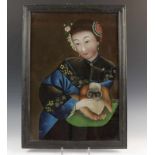 China, achterglasschildering, 20e eeuw;Dame met konijn 50 x 33 cm. [1]
