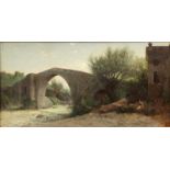 Adolphe Appian (1818-1898)Rustende vrouw bij een brug paneel, gesign. r.o., 26 x 47 cm. [1]