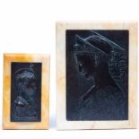 Paar bruin gepatineerde bronzen plaquettes, ca. 1900;een reliëf van vrouwen portret en reliëf van