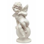 Wit marmeren sculptuur;Engel op bol h. 60 cm. [1]