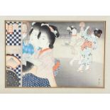 Shoun Yamamoto (1870-1965), houtsnede;Spelende kinderen. In lijst. 18 x 26 cm. [1]