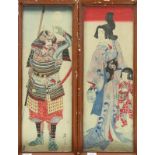 Japan, twee houtsnedes;Krijger /Vrouw met meisje. In lijst. beide 63 x 21 cm. [2]