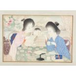 Shoun Yamamoto (1870-1965), houtsnede;Interieur met twee vrouwen die een baby voeren. In lijst. 18 x
