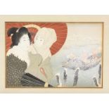 Shoun Yamamoto (1870-1965), houtsnede;Twee vrouwen met parasol in de sneeuw. In lijst. 18 x 26