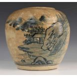 Japan, steengoed gemberpot, 19e eeuw,met 'imperfecties' en blauw decor op wit glazuur voorstelling