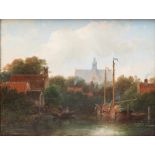 Andreas Schelfhout (1787-1870)Twee vissers in een roeiboot op een vaart bij Haarlem met de St.