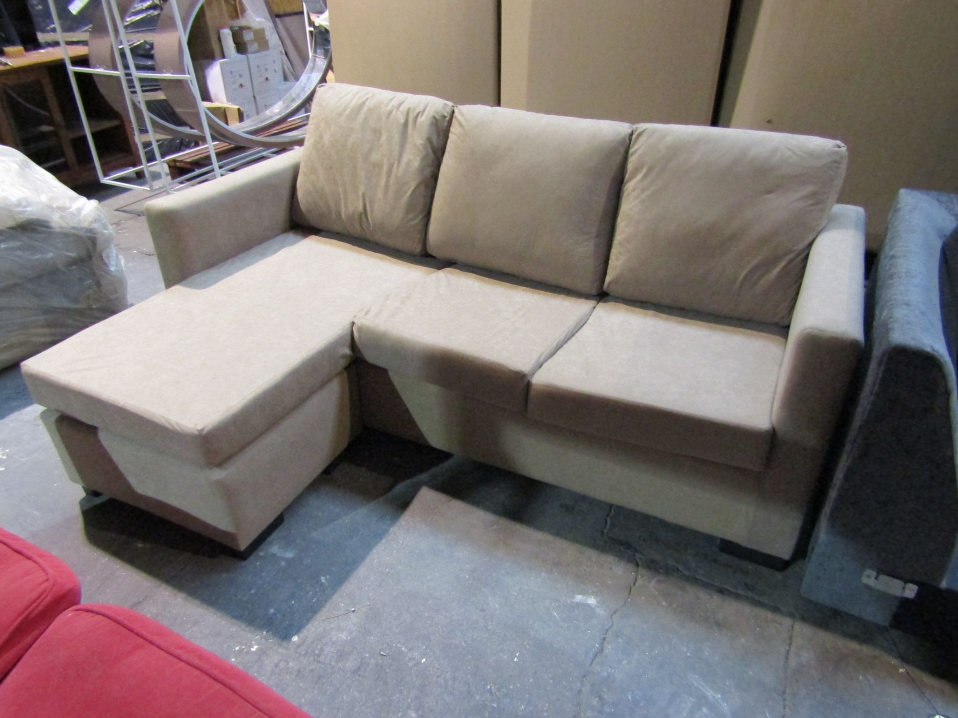 1 BEIGE FABRIC CHAISE SOFA (GOOD CONDITION)