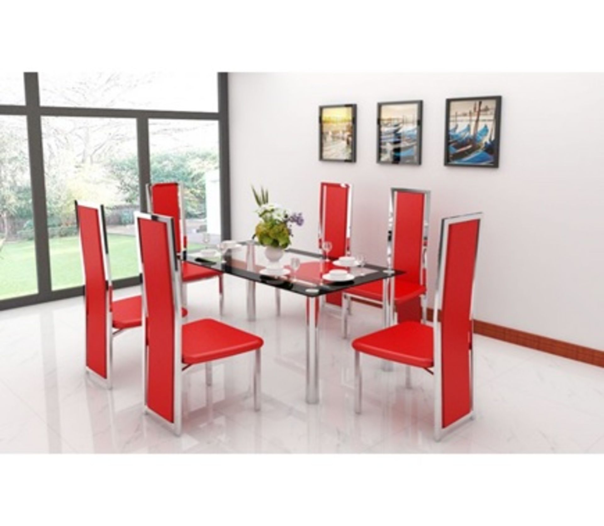 1 BRAND NEW BOXED RECTANGULAR CLEAR GLASS AND CHROME DINING TABLE WITH 6 RED FAUX LEATHER HIGHBACK