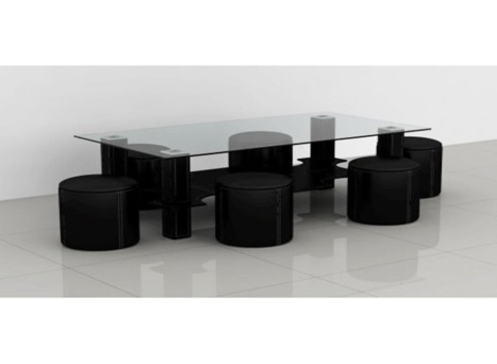 1 BRAND NEW BOXED RECTANGULAR CLEAR GLASS COFFEE TABLE WITH BLACK BASE AND 6 BLACK STORAGE STOOLS