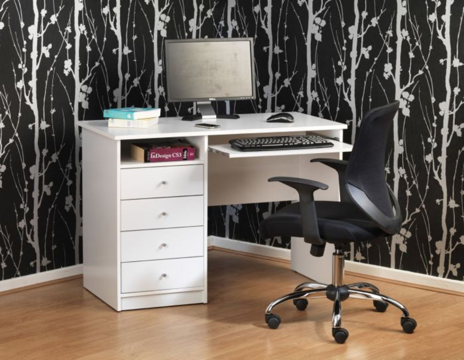 1 BOXED MARYMOUNT WHITE STUDENT DESK WITH SLIDING KEYBOARD SHELF AND 4 STORAGE DRAWERS RRP £139.99