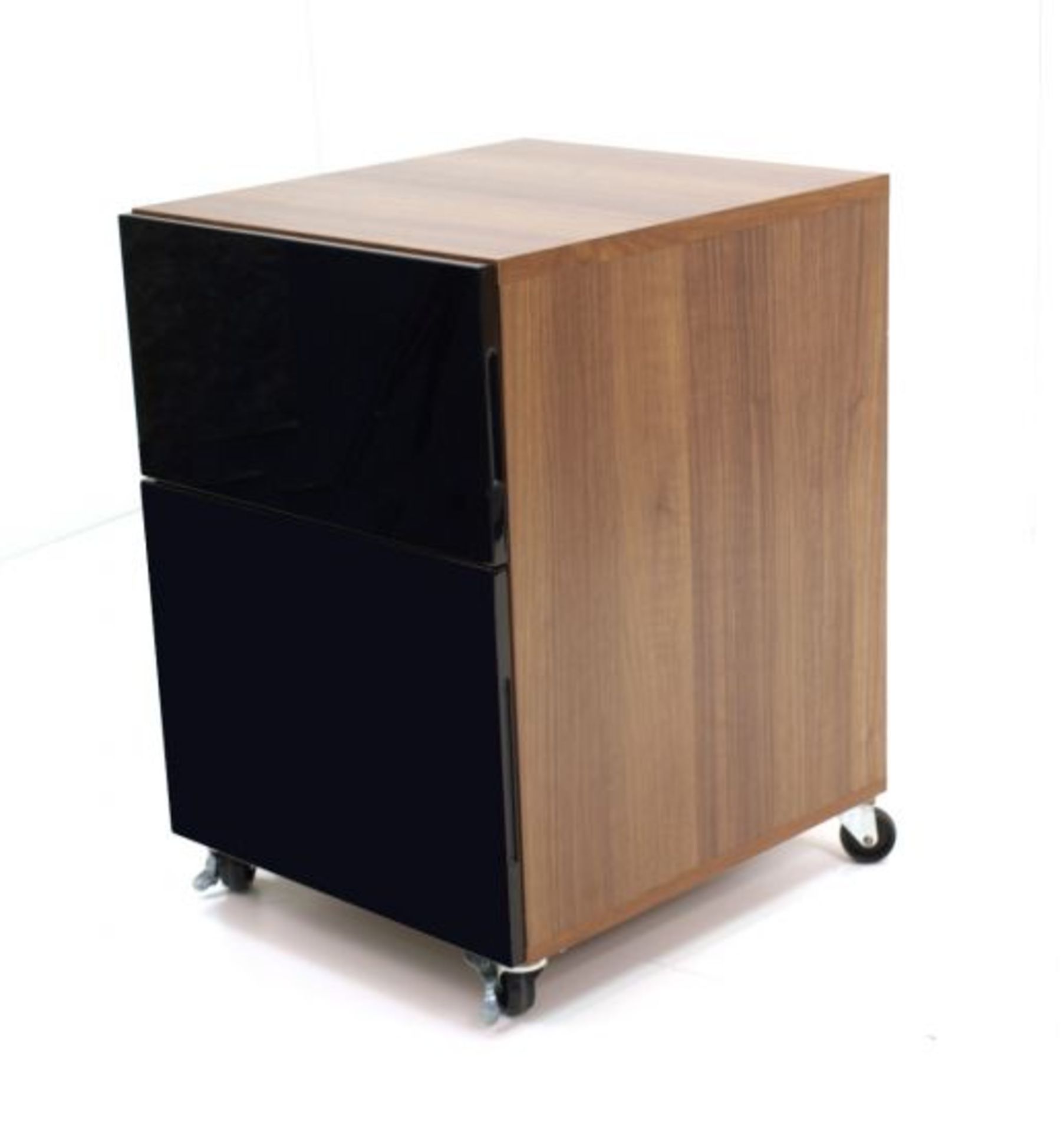 1 ASSEMBLED AS NEW ALPHASON JUO DESIGNER DESK PEDESTAL IN WALNUT AND BLACK CONTAINS A FILING