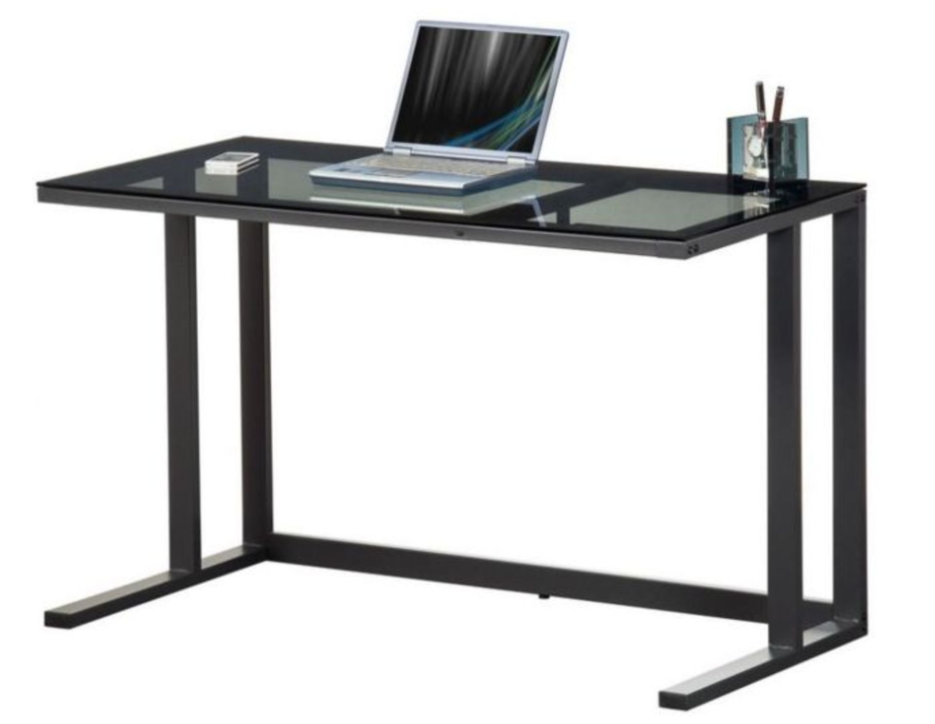 1 ASSEMBLED AS NEW ALPHASON AIR SMOKED GLASS DESK 1200 IN BLACK (EX SHOWROOM STOCK)