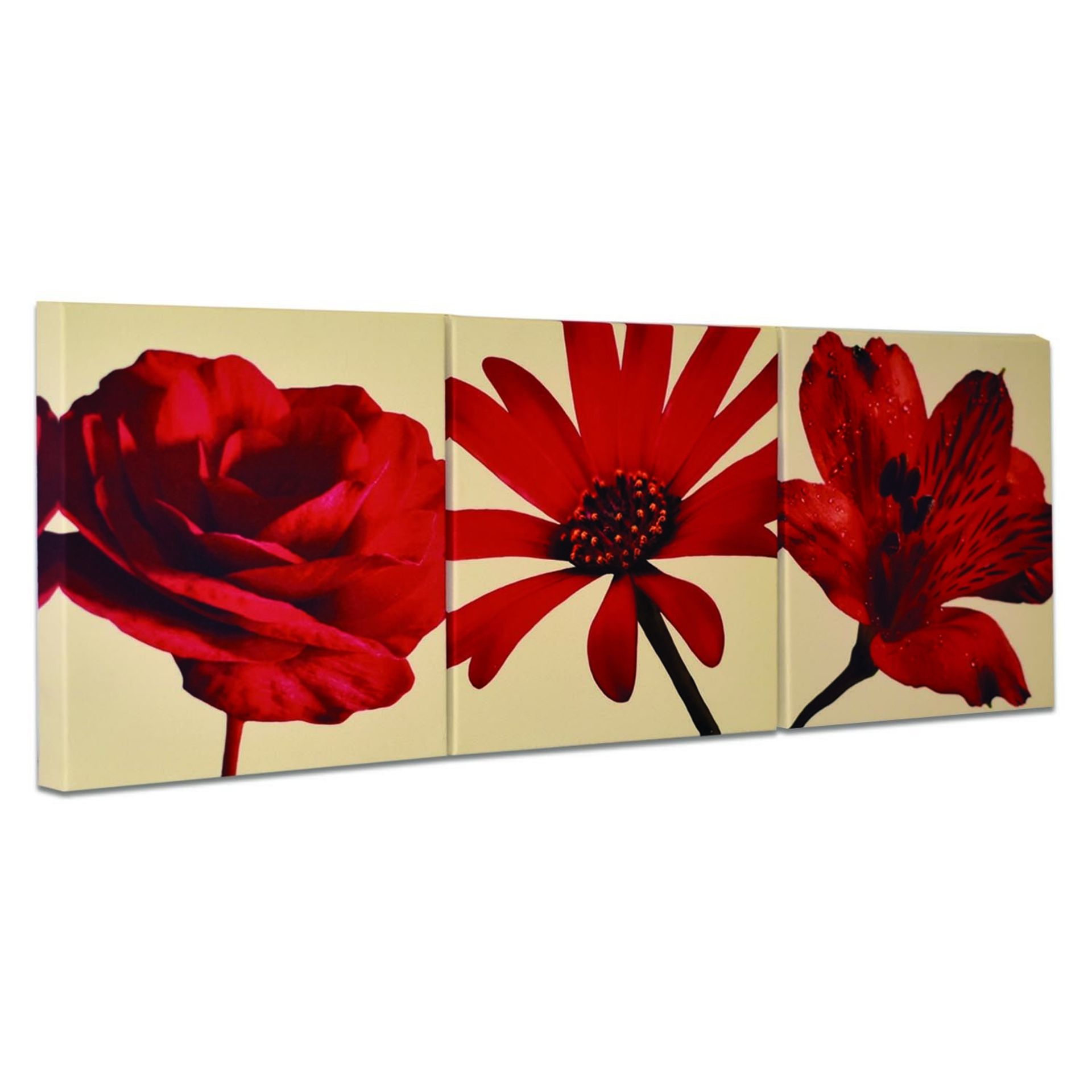 1 BRAND NEW BOXED ARTHOUSE RED ON CREAM FLOWERS SET OF 3 CANVAS 60CMX20CM
