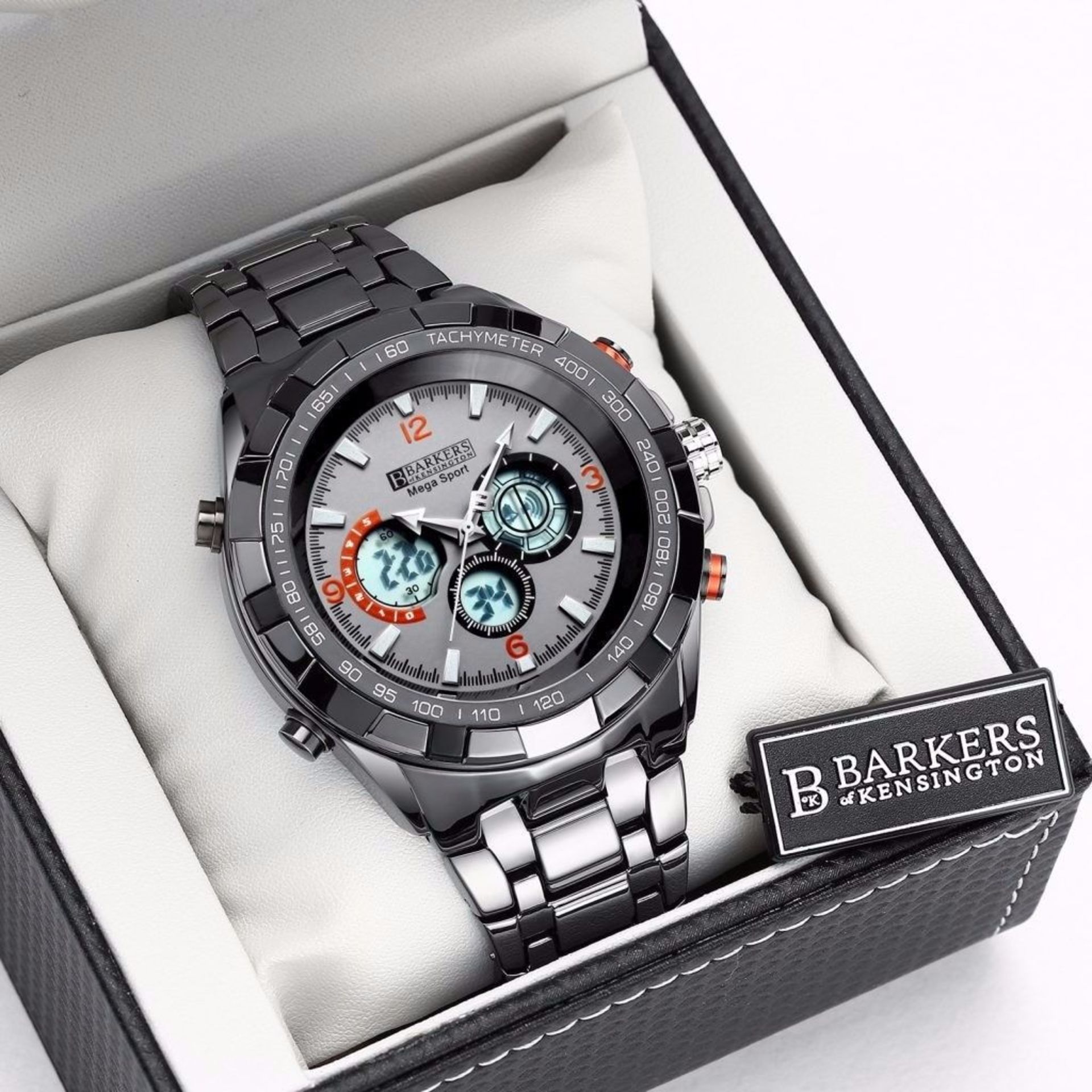 1 BRAND NEW BOXED BARKERS OF KENSINGTON MEGA SPORT WATCH IN GREY RRP £460.00 COMES WITH 5 YEAR