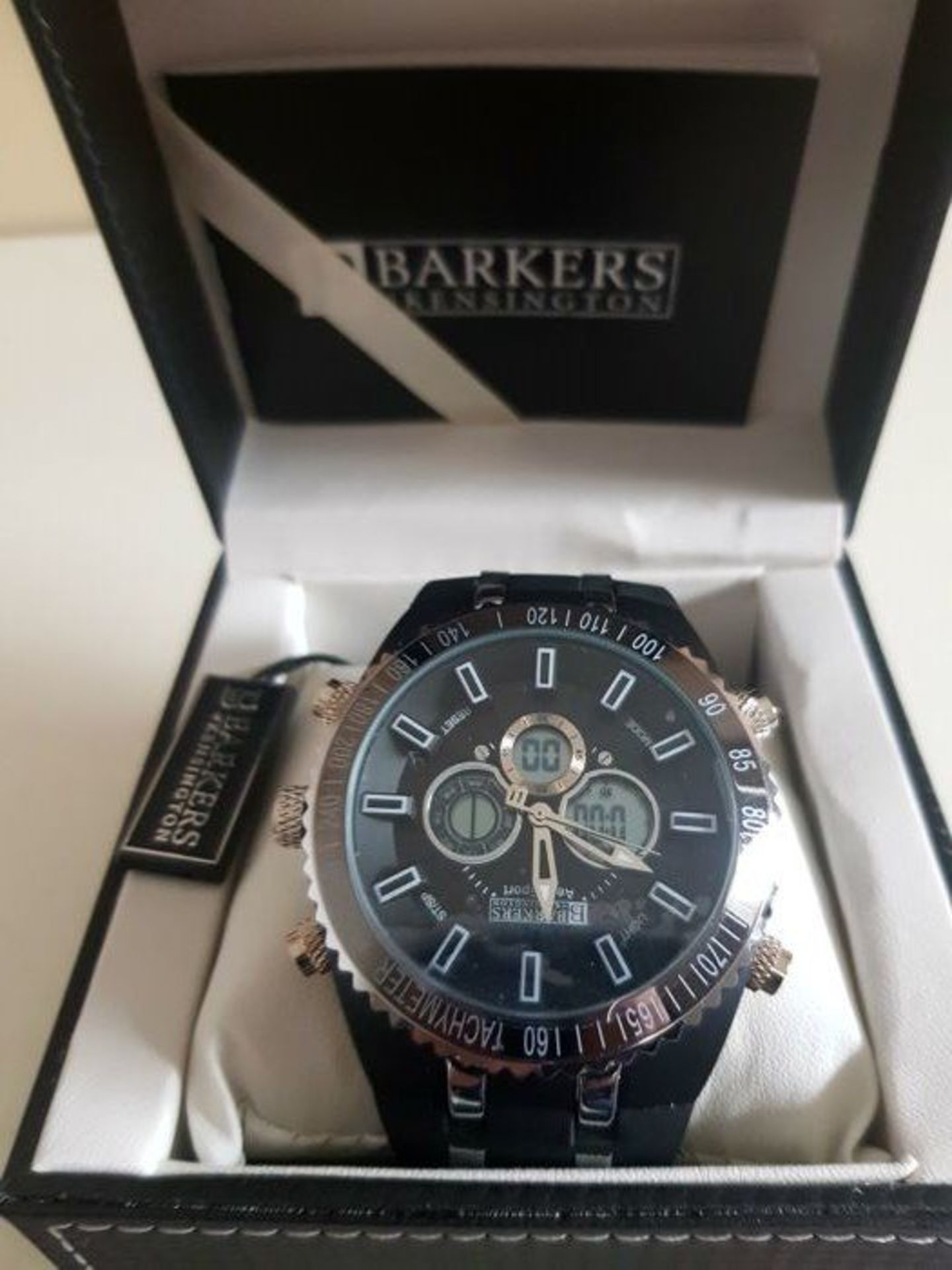 1 BRAND NEW BOXED BARKERS OF KENSINGTON AERO SPORT WATCH IN BLACK RRP £425.00 COMES WITH 5 YEAR