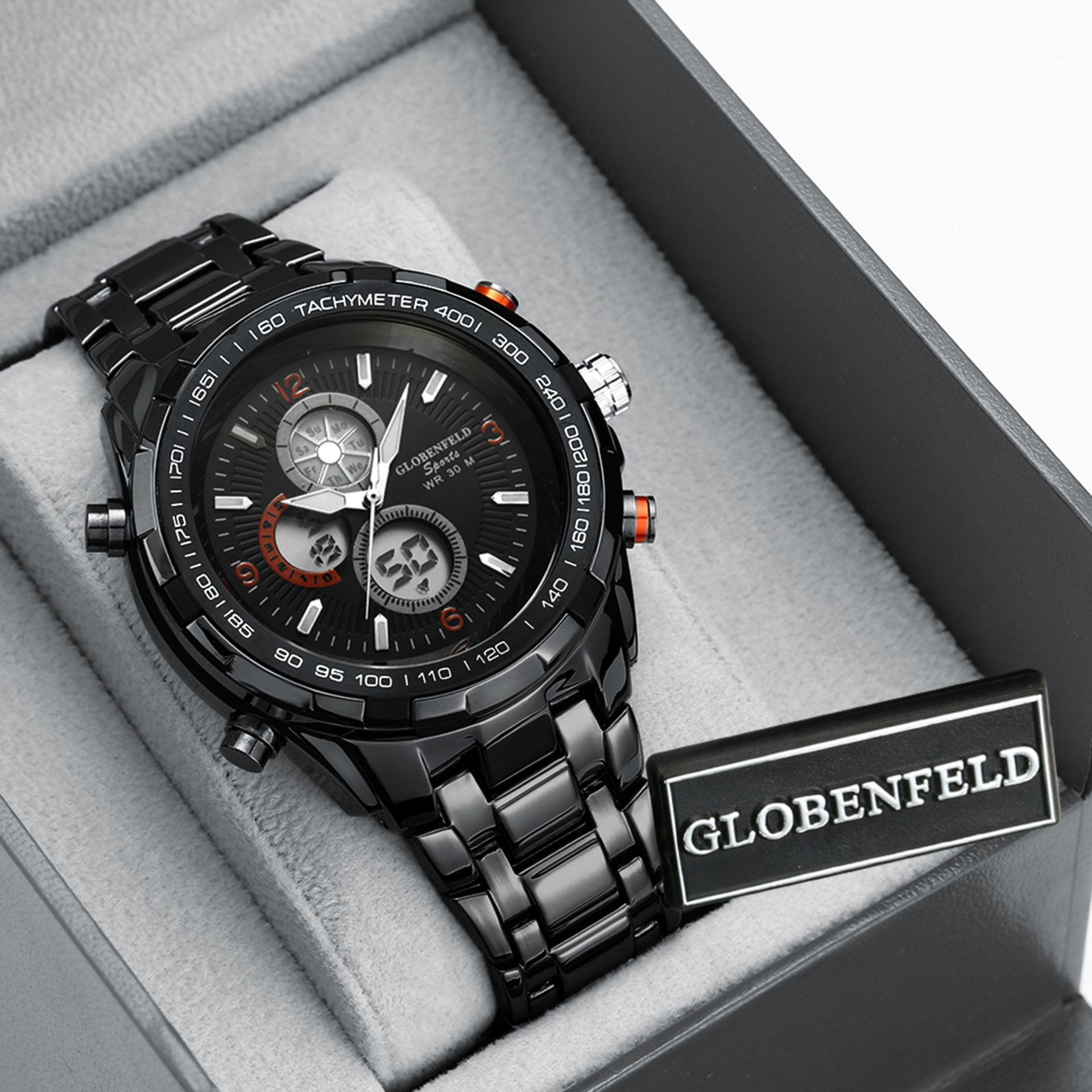 1 BRAND NEW BOXED GLOBENFELD SPORTS V.12 WATCH IN BLACK RRP £199.99 COMES WITH 5 YEAR WARRANTY