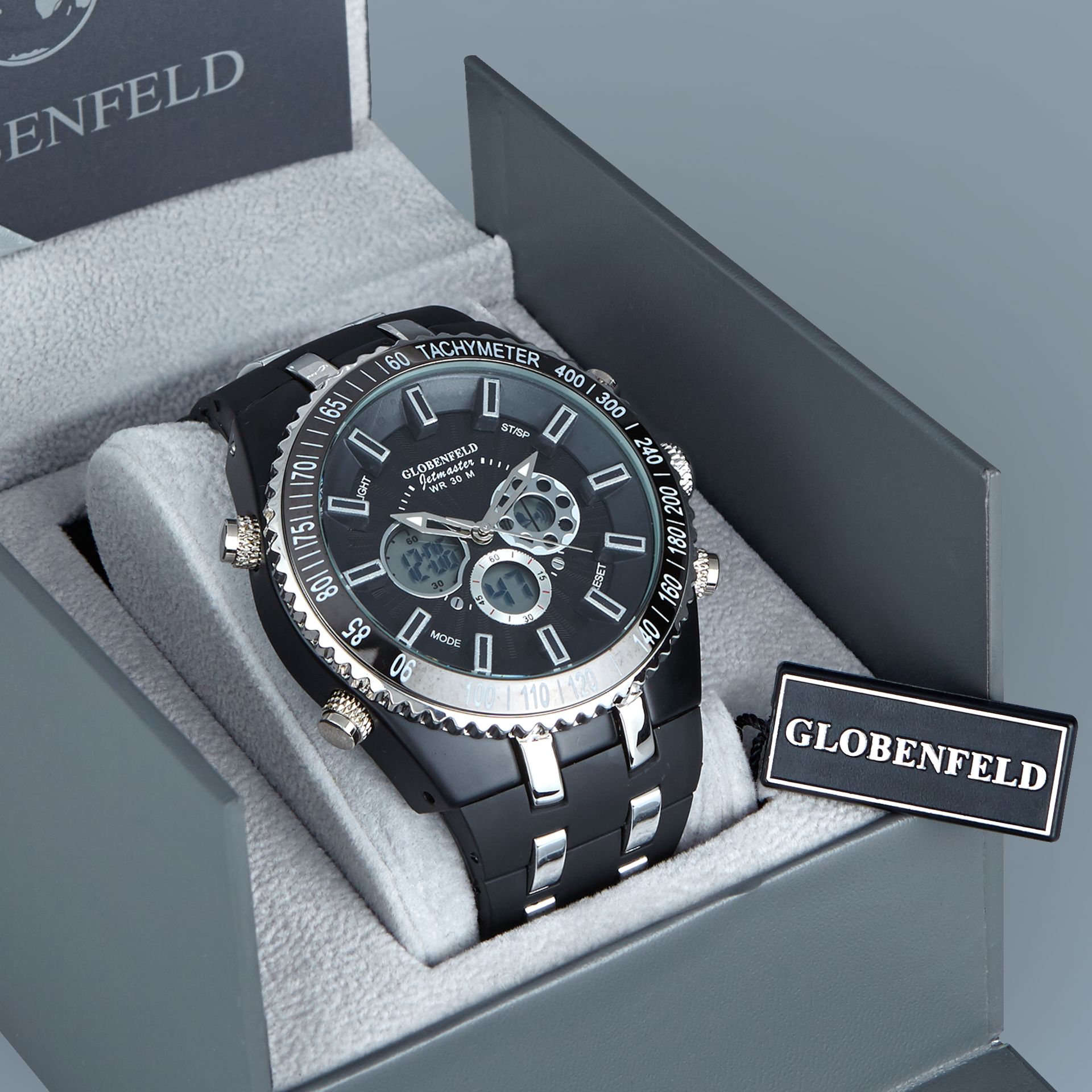 1 BRAND NEW BOXED GLOBENFELD JETMASTER WATCH IN BLACK RRP £199.99 COMES WITH 5 YEAR WARRANTY