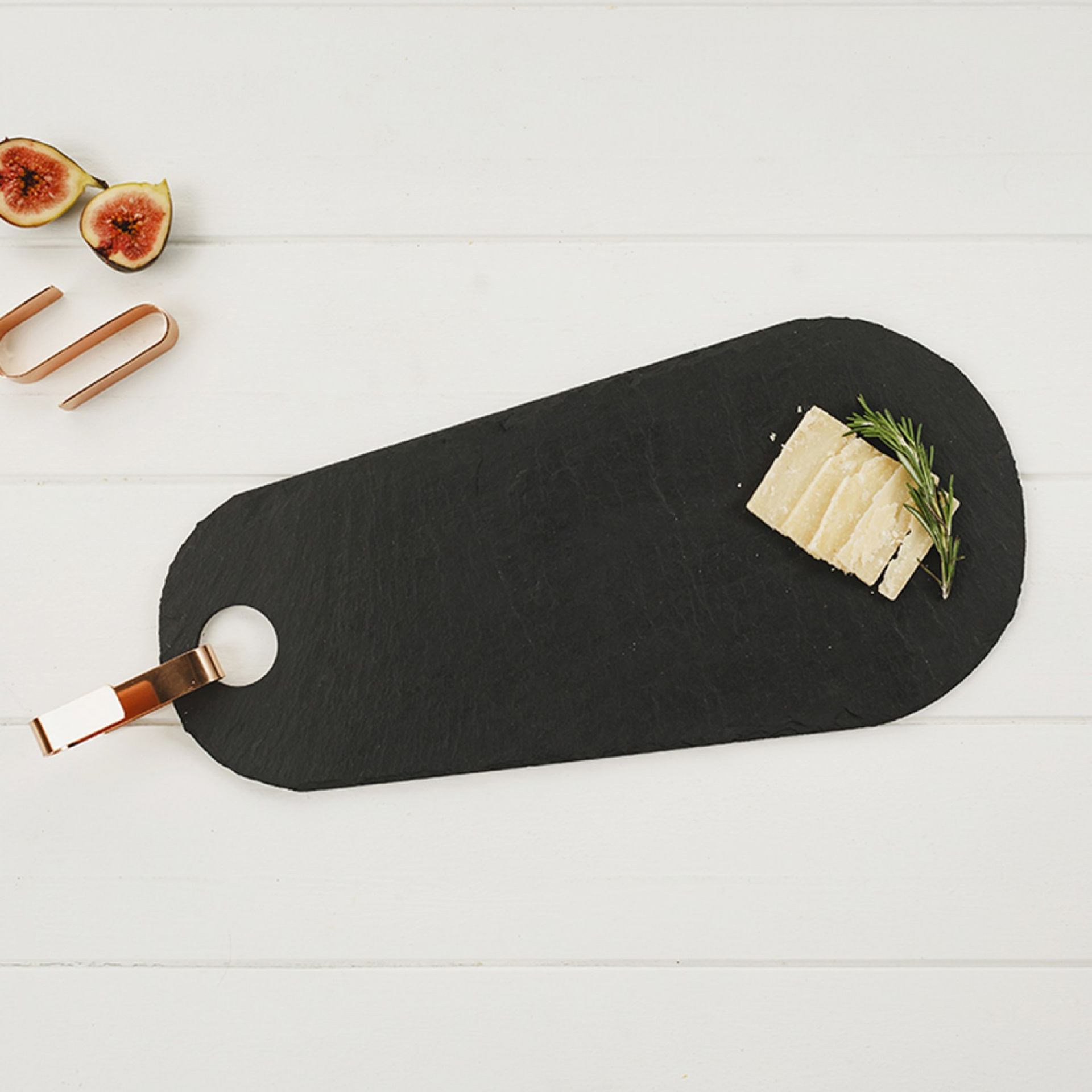 1 GRADE A / RRP £35.00 BOXED TEAR-DROP SLATE HANGING SERVING BOARD WITH COPPER HOOK (VIEWING