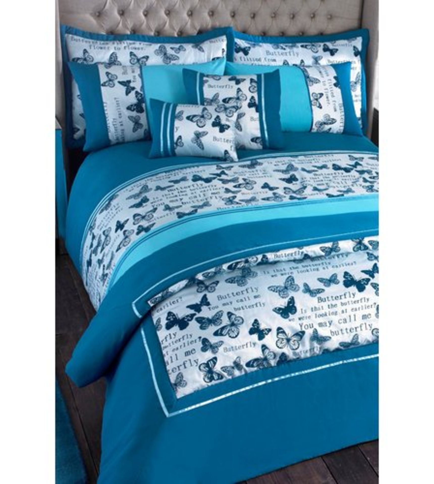 1 AS NEW BAGGED RRP £199.99, 8 PIECE OPULENT BUTTERFLY FULL BEDROOM SET IN TEAL, SIZE DOUBLE, (
