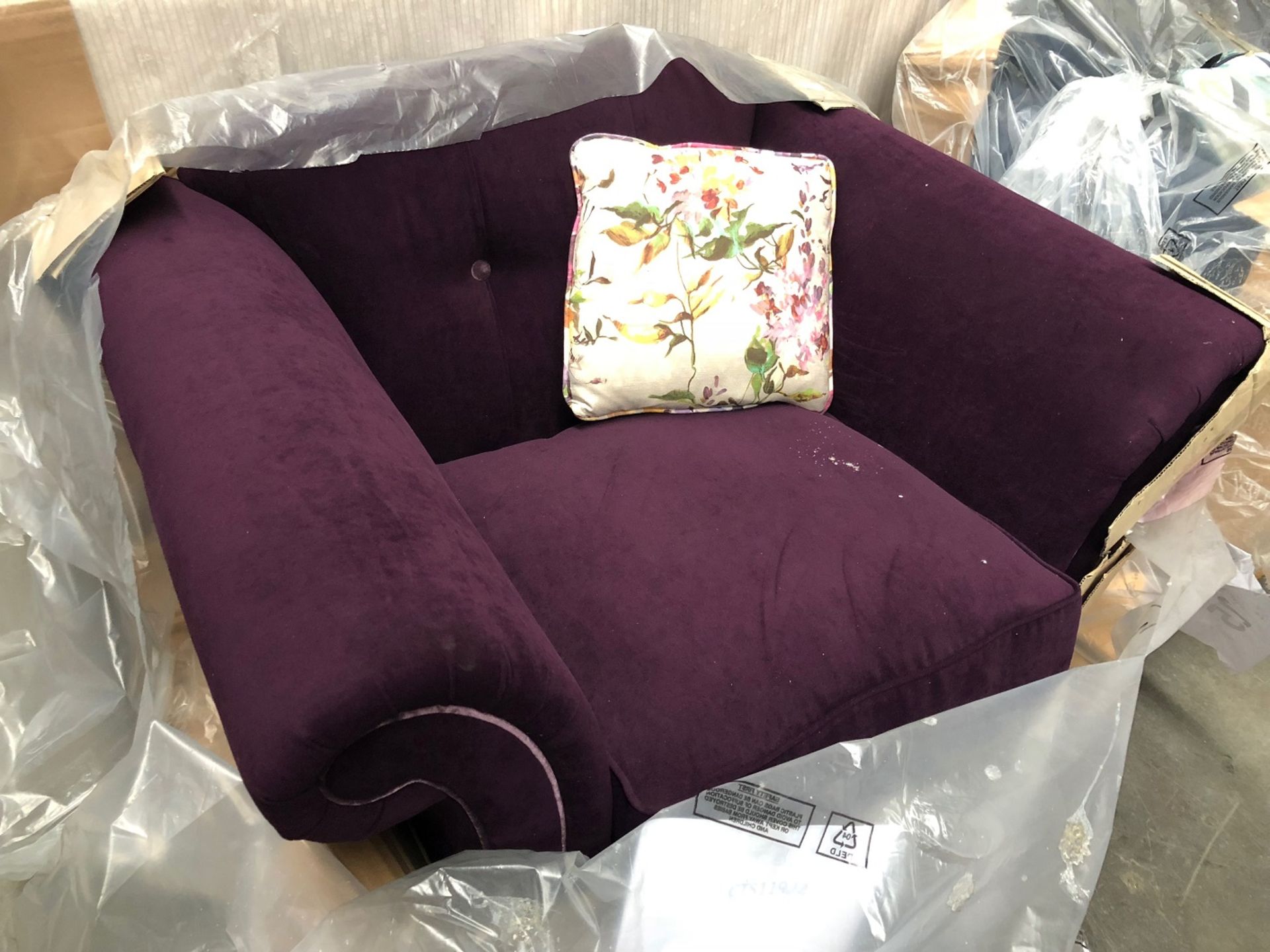 1 BAGGED DARCEY ARMCHAIR IN DONATO PLUM (NEEDS A LITTLE CLEAN ON SEAT) CTS11922 (VIEWING HIGHLY