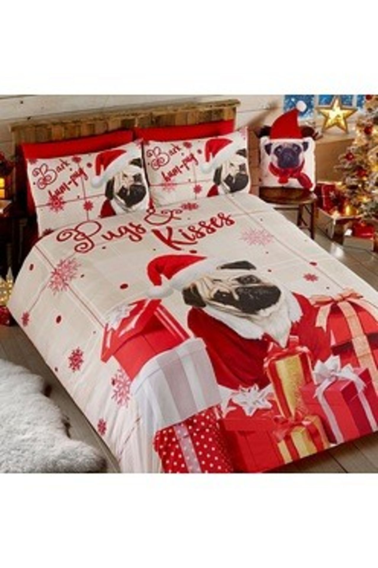 1 AS NEW BAGGED CHRISTMAS HUM PUG SINGLE DUVET SET