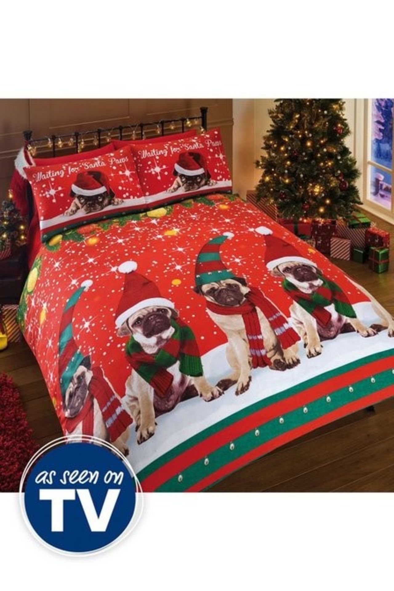 1 AS NEW BAGGED CHRISTMAS PUG PARTY SINGLE DUVET S