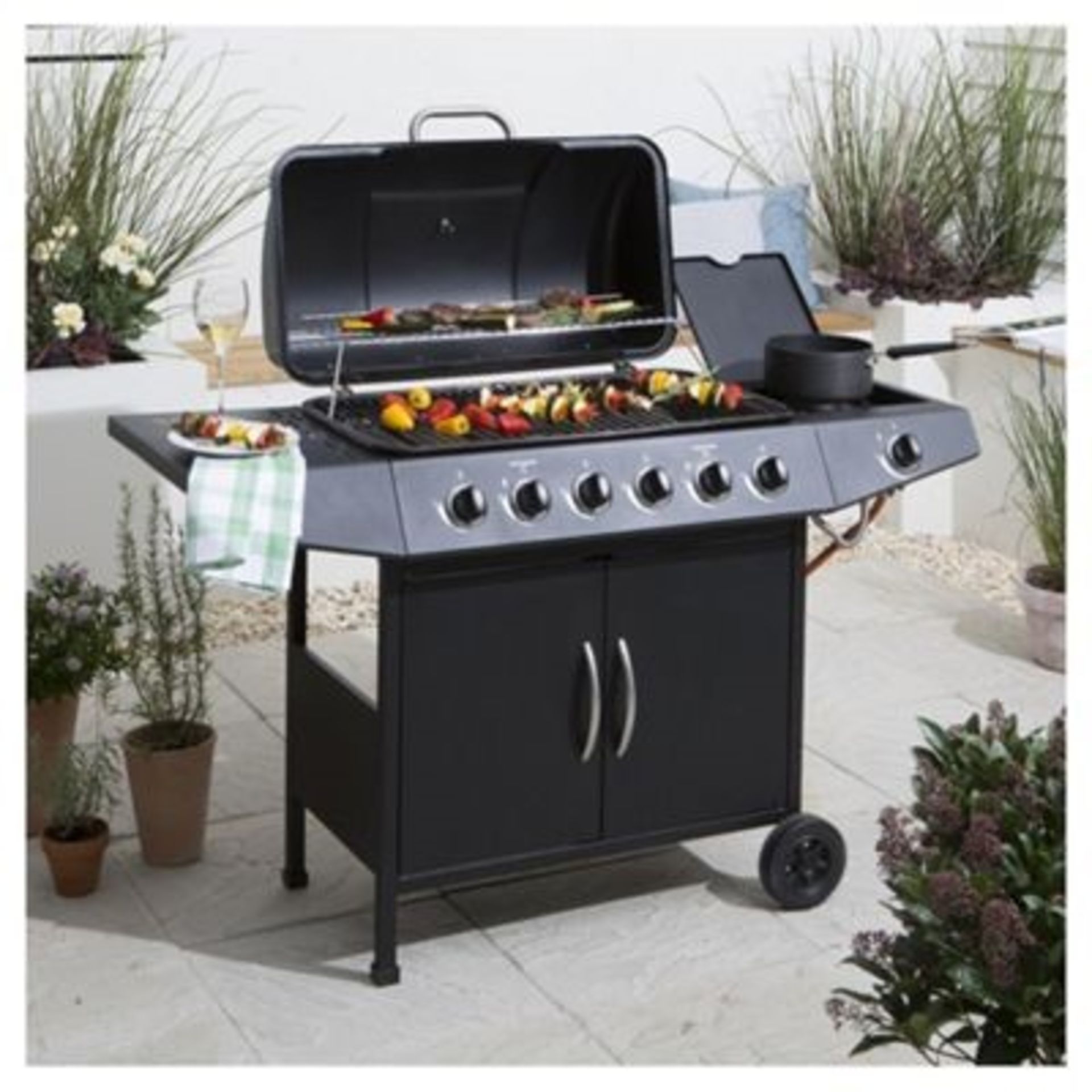 1 / TESCO 6 BURNER GAS BBQ WITH SIDE BURNER AND CO