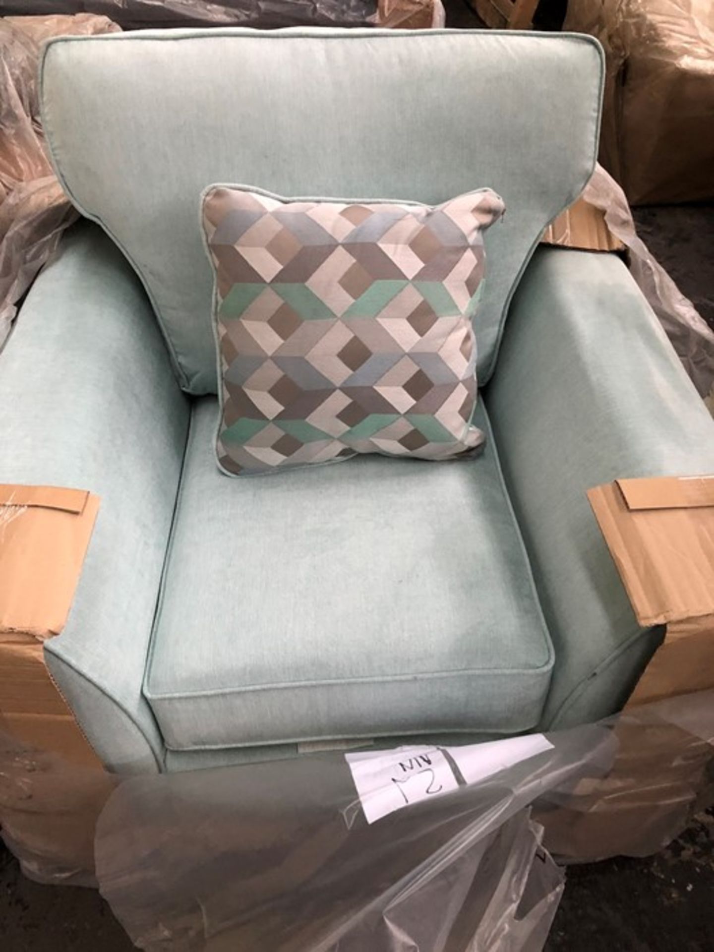 1 BRAND NEW BAGGED BOSTON ARMCHAIR IN DUCK EGG (VIEWING HIGHLY RECOMMENDED)