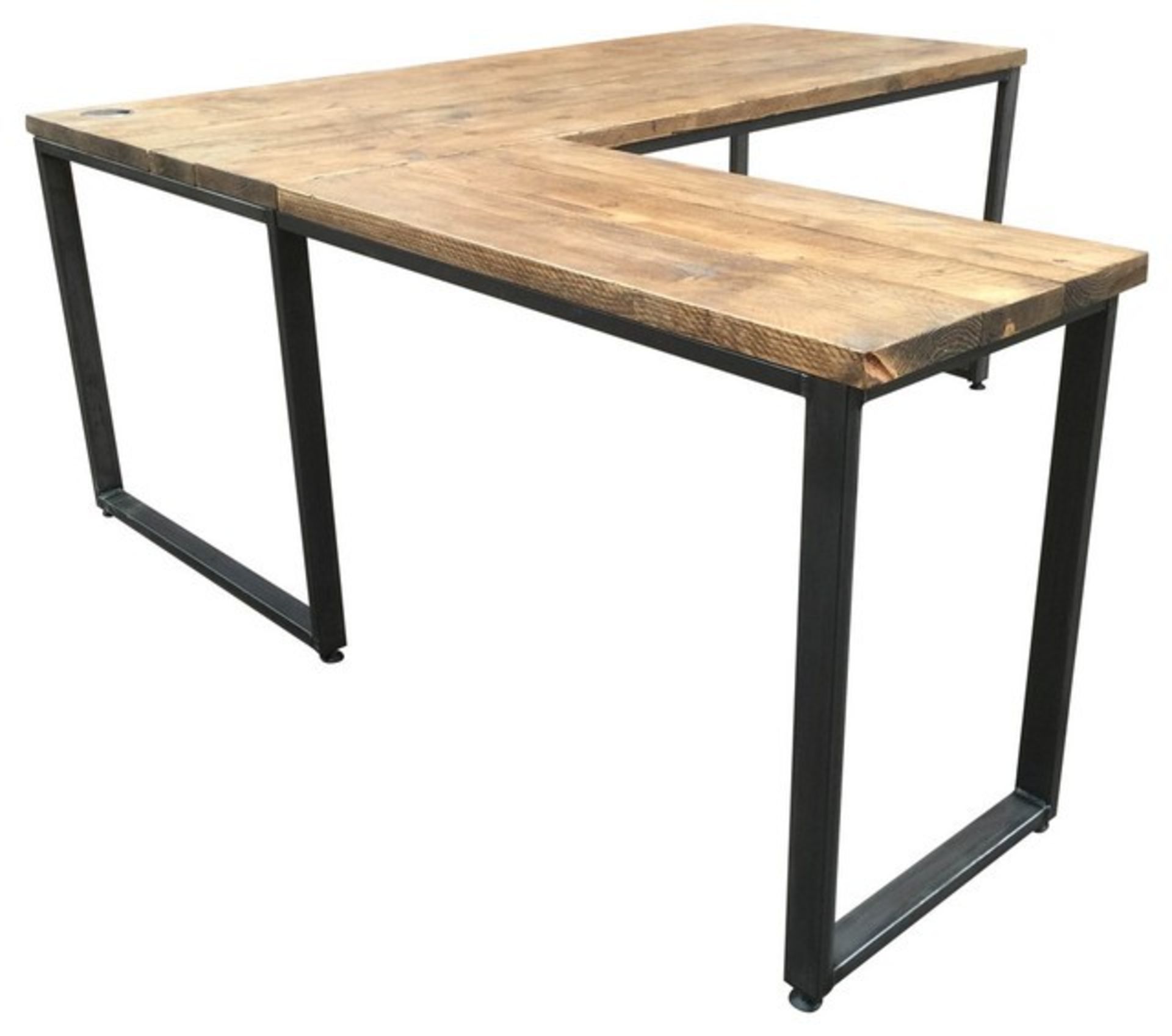 1 GRADE B ASSEMBLED L-SHAPED RECLAIMED LARGE WOOD DESK, RIGHT HAND RETURN IN DARK OAK, PICTURE FOR