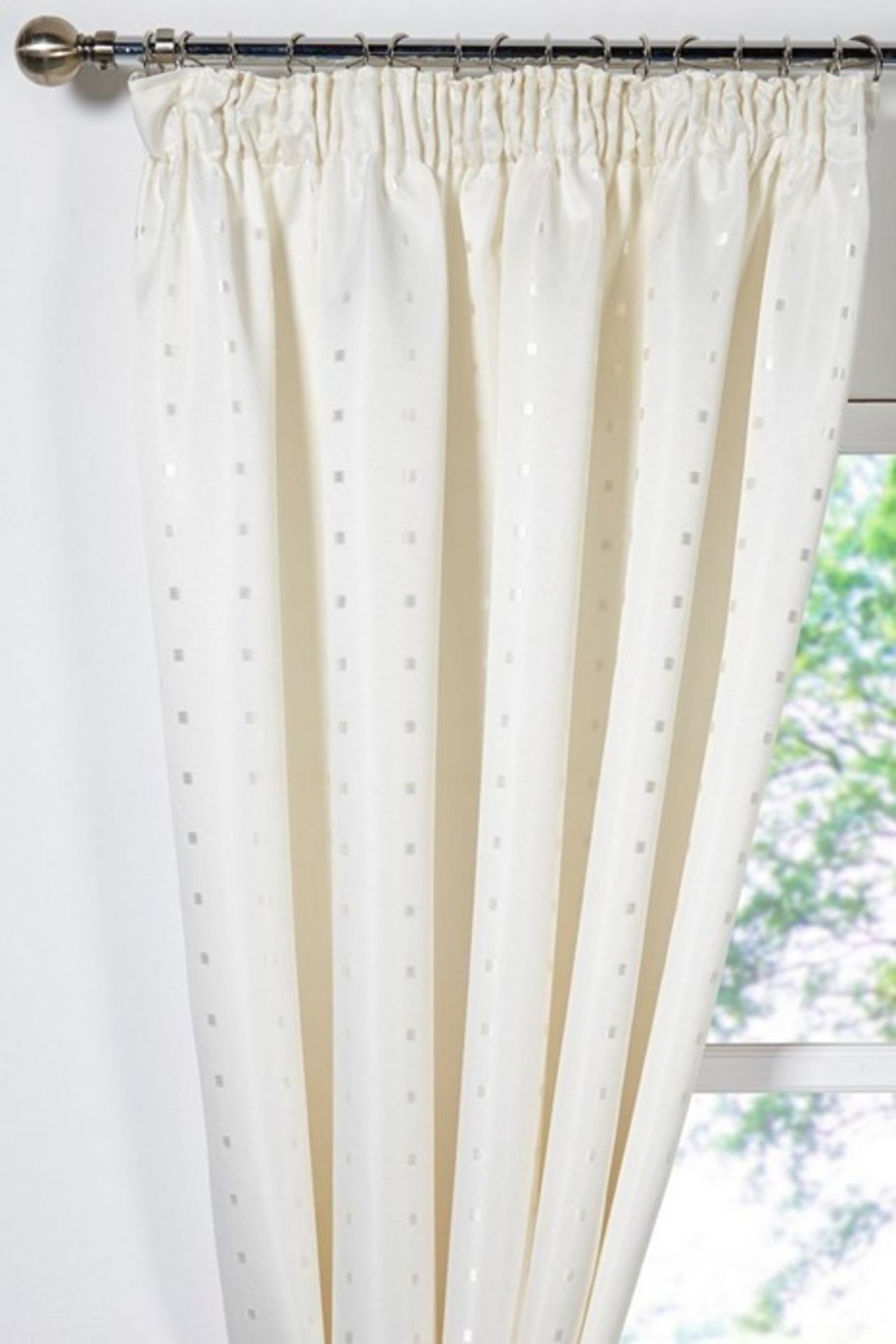 1 PACKAGED PAIR OF HAMILTION MC BRIDE UNLINED, PENCIL PLEAT CURTAINS IN WHITE / APPROX 44' X 72' (