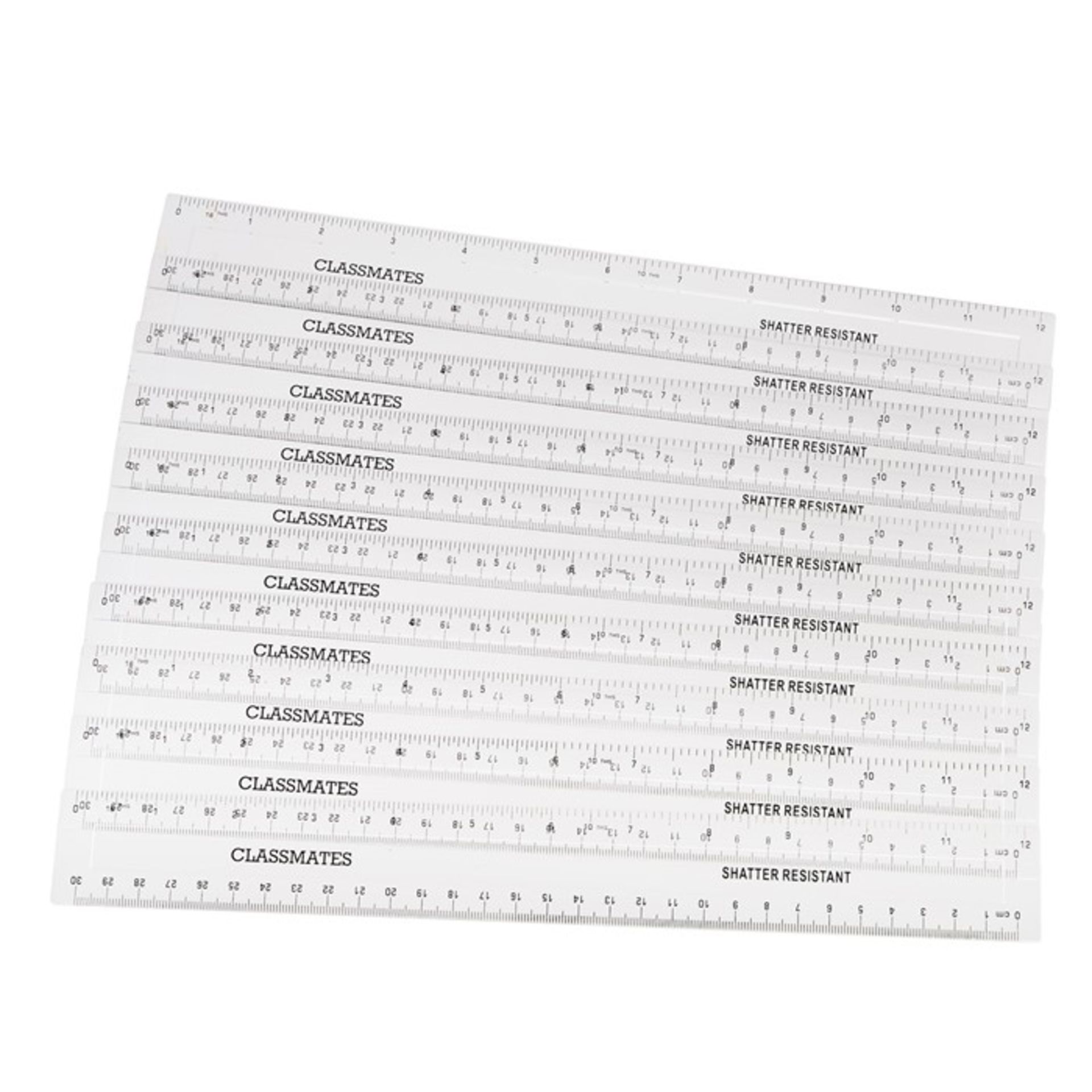 1 LOT TO CONTAIN 140 BRAND NEW CLASSMASTER 30CM SHATTER RESISTANT RULERS / RRP £30.00 (VIEWING