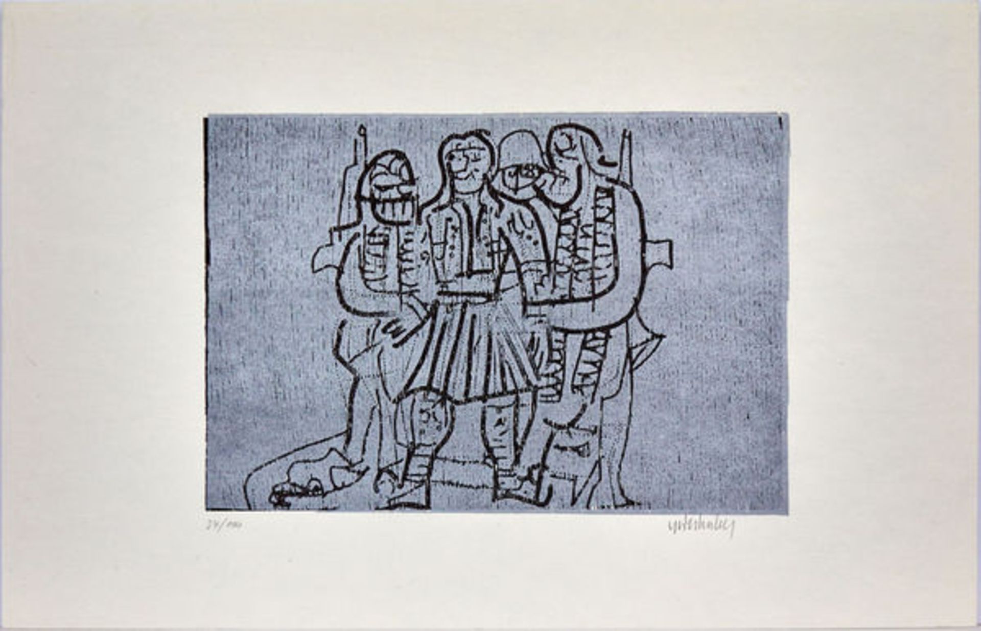 Grieshaber, HAP Holzschnitt in Schwarz und Silber auf Japanpapier, 21,1 x 30,1 cm Gefangene Griechen