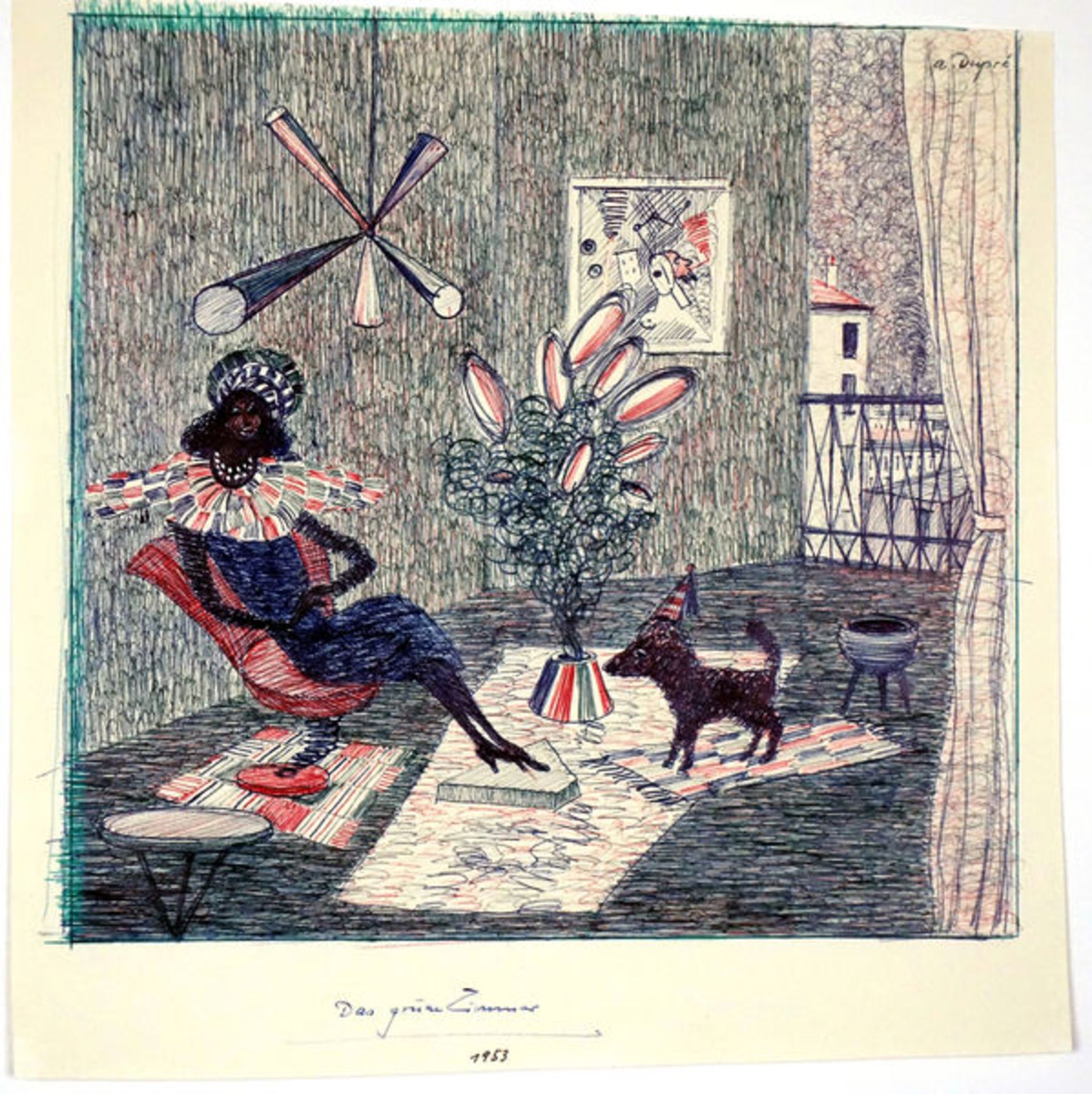 Dupré, Alfred Kugelschreiberzeichnung auf Papier, 24,6 x 25,3 cm Das grüne Zimmer (1953) Signiert,