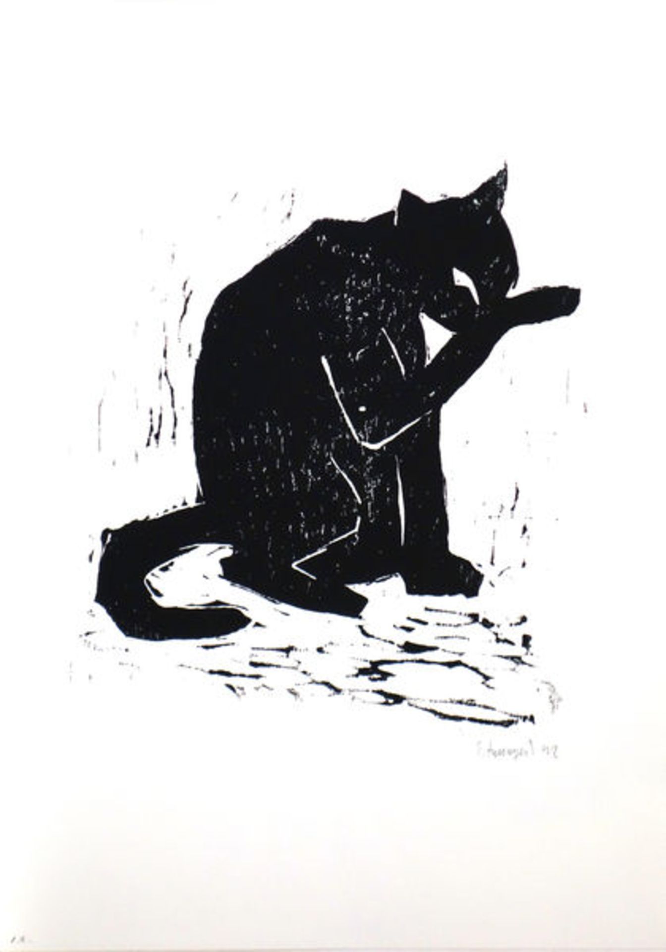 Bauschert, Heiner Farbholzschnitt auf Japanpapier, 17,8 x 34,8 cm Schleichende Katze (1986) WVZ 413.