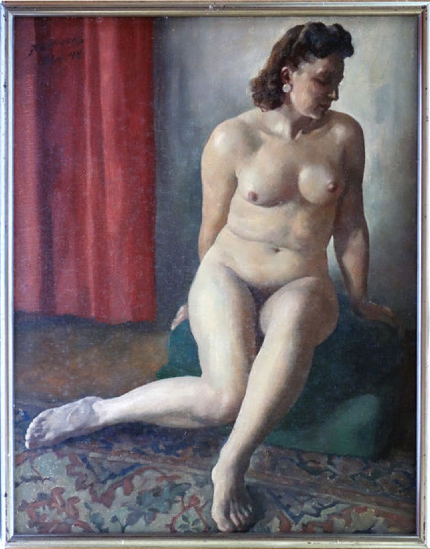 Kluska, JohannÖl auf Rupfen, 90 x 70 cmSitzender weiblicher Akt (1948)Signiert und datiert. Verso - Bild 2 aus 2