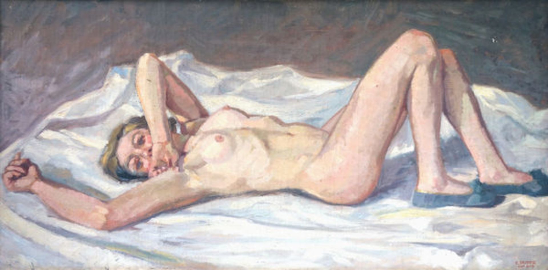 Geiger, E.Öl auf Leinwand, 50,5 x 105 cmLiegender weiblicher Akt (1929)Signiert und datiert und