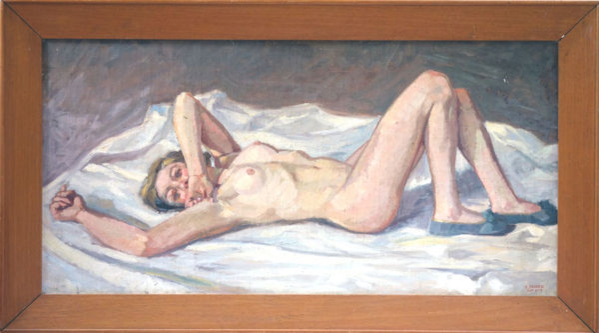 Geiger, E.Öl auf Leinwand, 50,5 x 105 cmLiegender weiblicher Akt (1929)Signiert und datiert und - Bild 2 aus 2