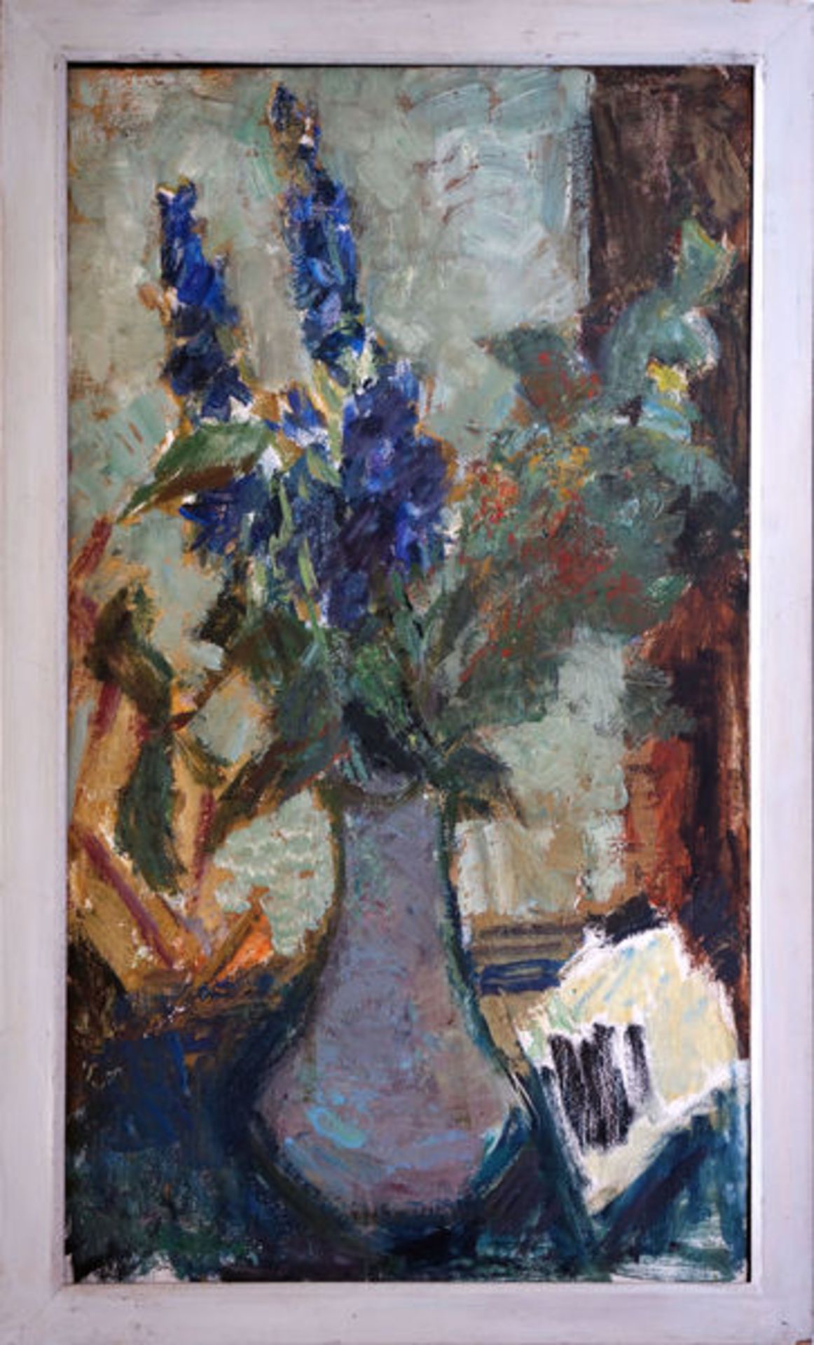 Böttcher, ManfredÖl auf Hartfaserplatte, 80 x 45 cmStilleben mit Rittersporn (1990)Auf der Rückseite - Bild 2 aus 2