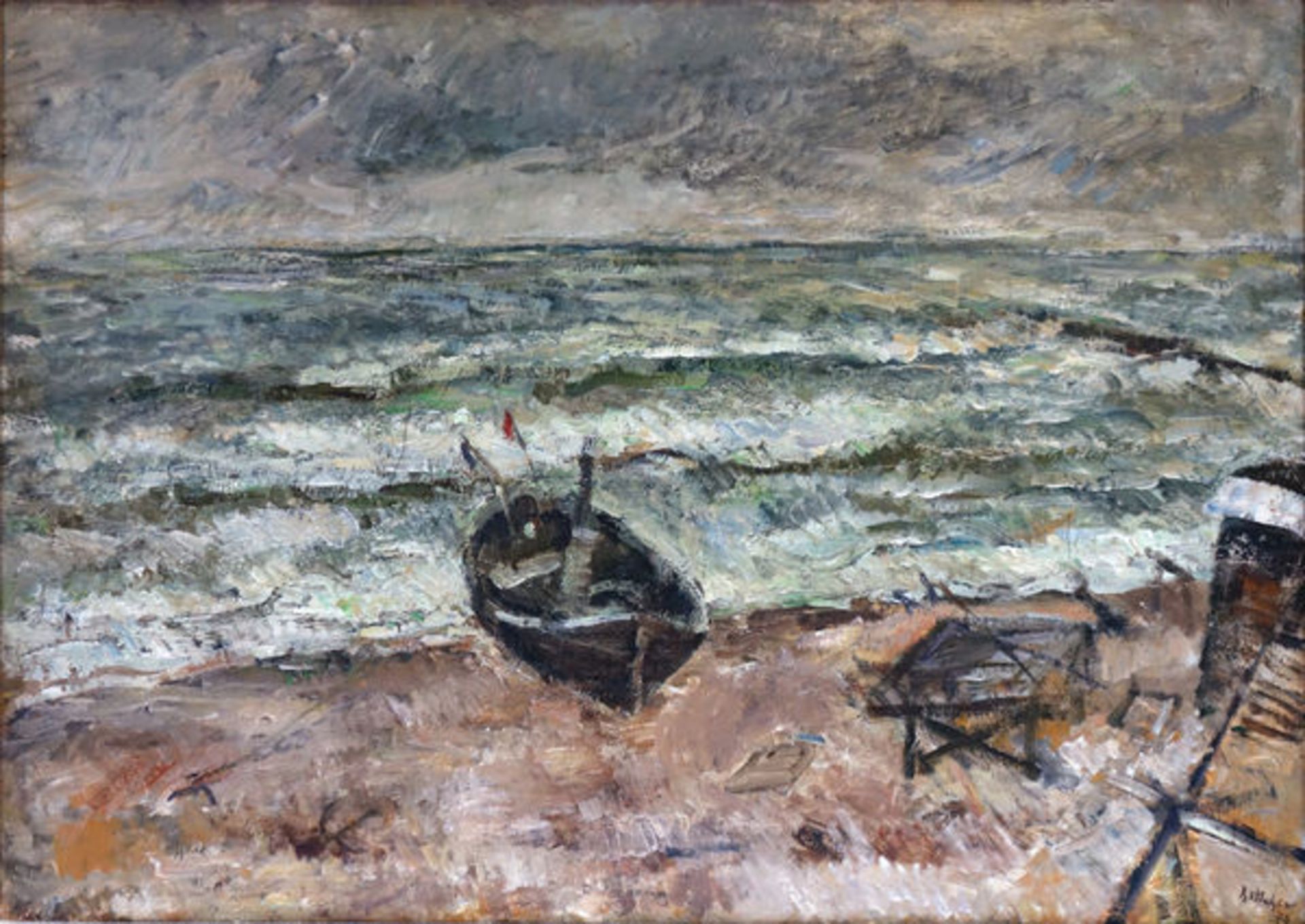 Böttcher, ManfredÖl auf Leinwand, 50 x 70 cmFischerstrand (1970)Signiert und datiert. Auf der