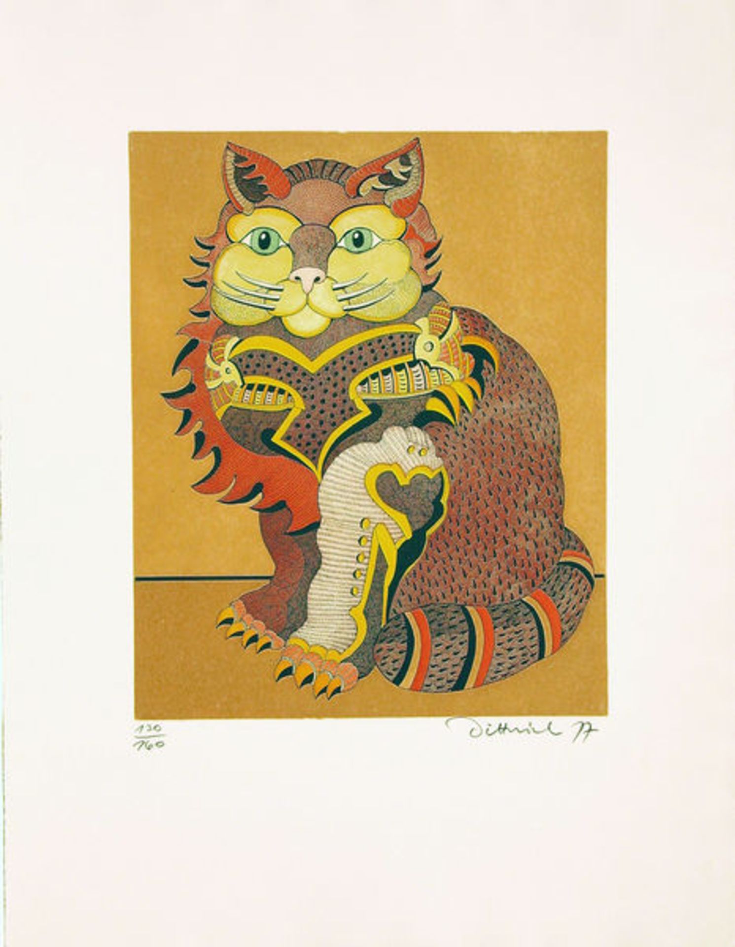 Dittrich, SimonFarbradierung auf Bütten, 39,5 x 32 cmDie Katze (1977)WVZ Dittrich S. 106. Signiert