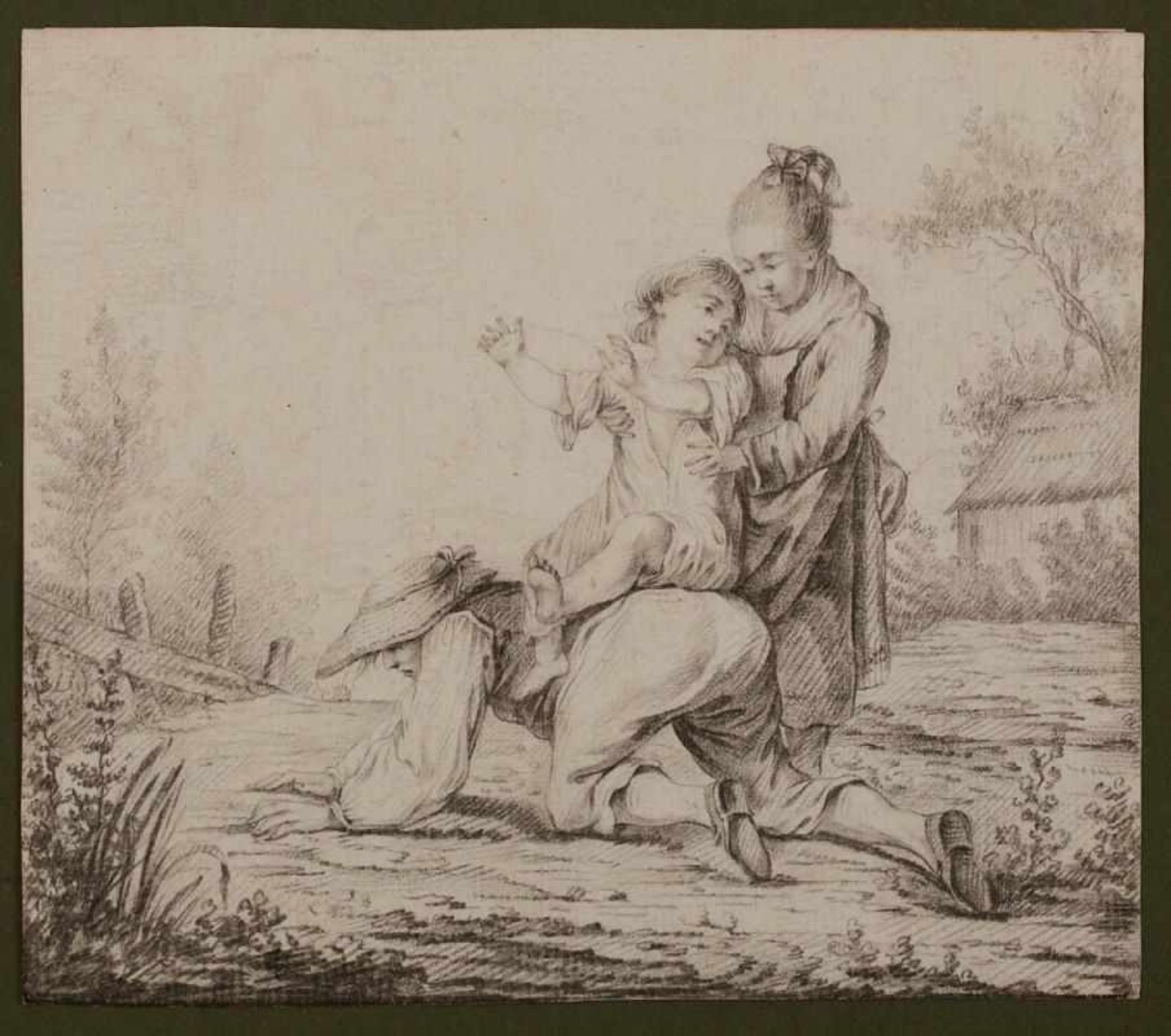 Bleistiftzeichnung Johann Georg Wille, zugeschr. 1715 - 1808 "Spielende Familie" verso m. einer