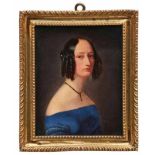 Miniatur/Gemälde unbekannt um 1830 "Dame im blauen Kleid" Öl auf Papier ca. 13 x 11 cm