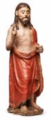 Gefasste Steinfigur "Segnender Christus" 18./19. Jh. Auf naturalistischem Sockel stehender