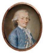 Miniatur Herr in hellblauem Rock und bestickter Weste, um 1770. Gouache auf Elfenbein. Hoch-ov.