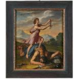 Gemälde Figurenmaler um 1800 "Mythologische Szene David & Goliath" Öl/Lwd., 24,5 x 20 cm
