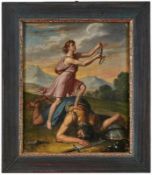 Gemälde Figurenmaler um 1800 "Mythologische Szene David & Goliath" Öl/Lwd., 24,5 x 20 cm