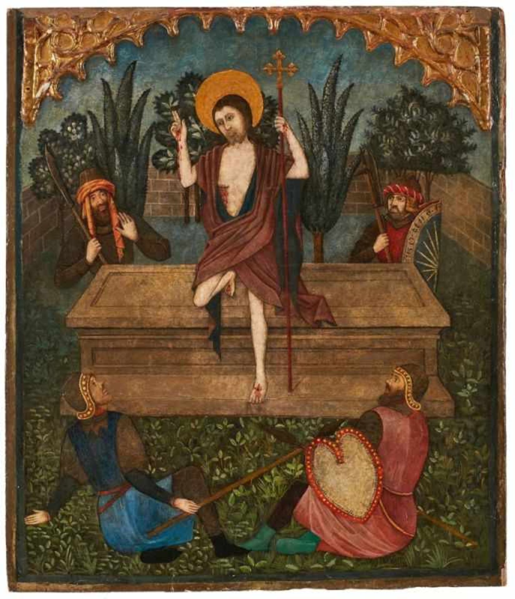 Gemälde Sakralmaler wohl Spanien 15. Jh. "Auferstehung Jesu Christi" Öl u. Vergoldung/Weichholz,